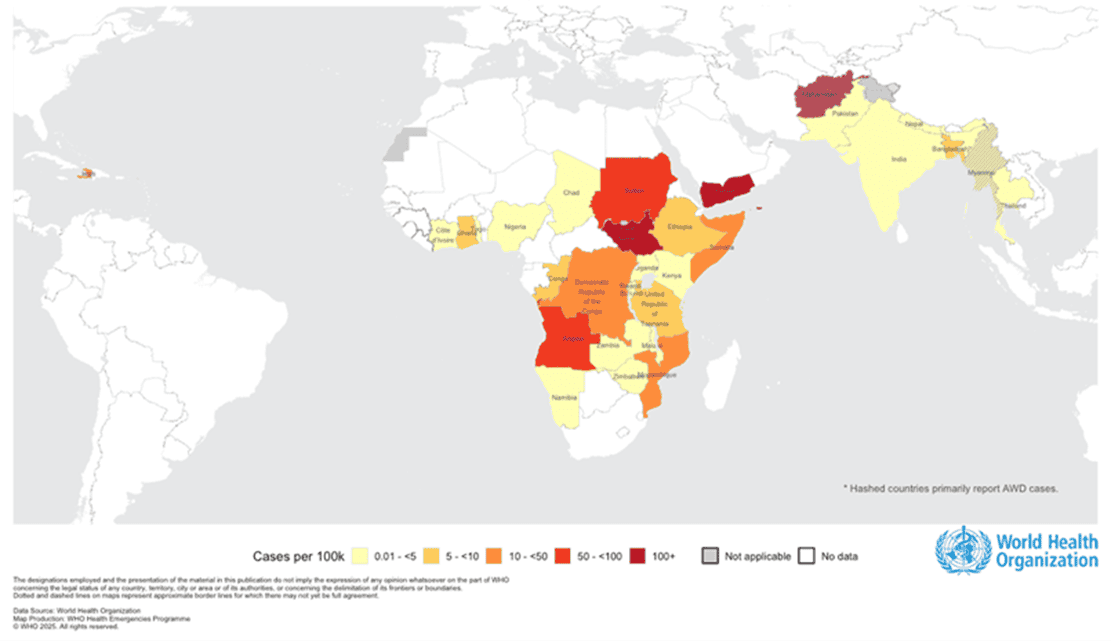 Global cholera and acute watery diarrhea (AWD) cases per 100,000 people (January 1 to August 17, 2025, data source: WHO)