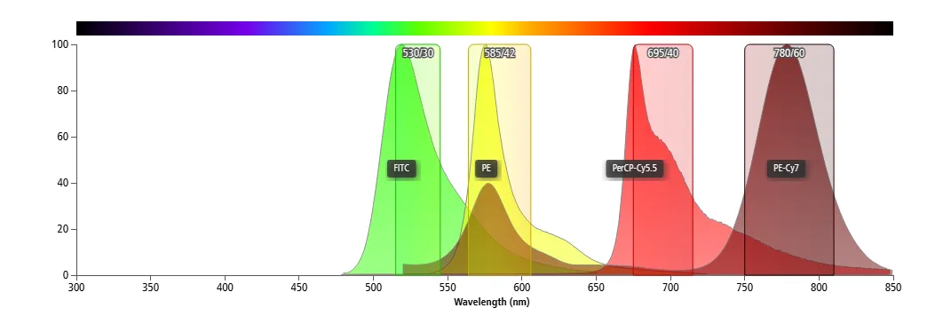 Fluorescence detection using bandpass filters in flow cytometry