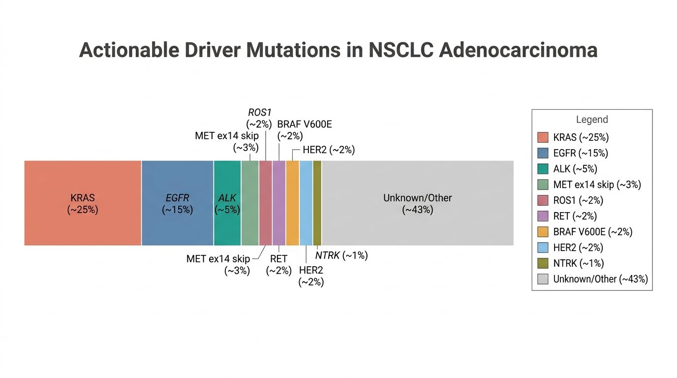 Actionable Driver Mutations in NSCLC Adenocarcinoma — proportional treemap showing KRAS (~25%), EGFR (~15%), ALK (~5%), MET ex14 skip (~3%), ROS1 (~2%), RET (~2%), BRAF V600E (~2%), HER2 (~2%), NTRK (~1%), and Unknown/Other (~43%)
