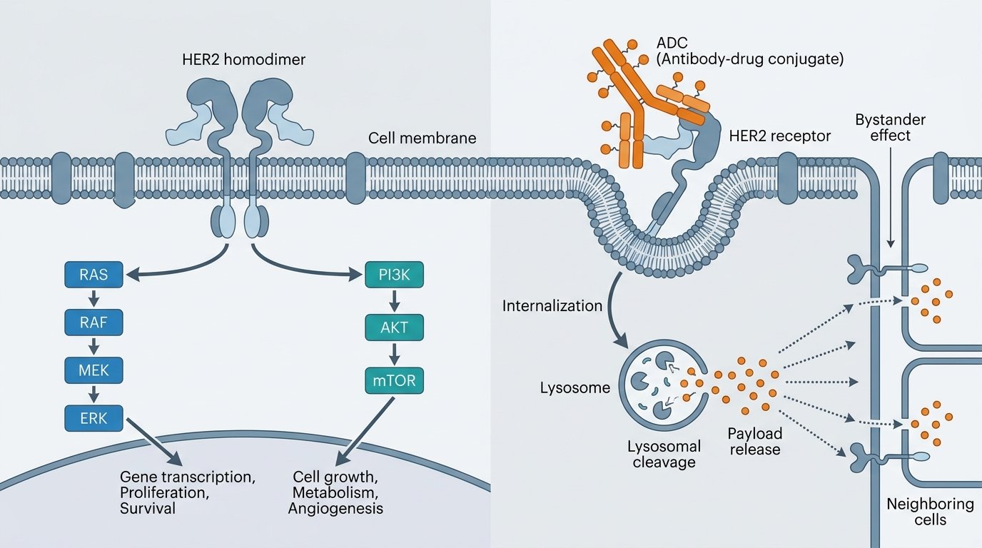 HER2 signaling pathway with ADC mechanism of action