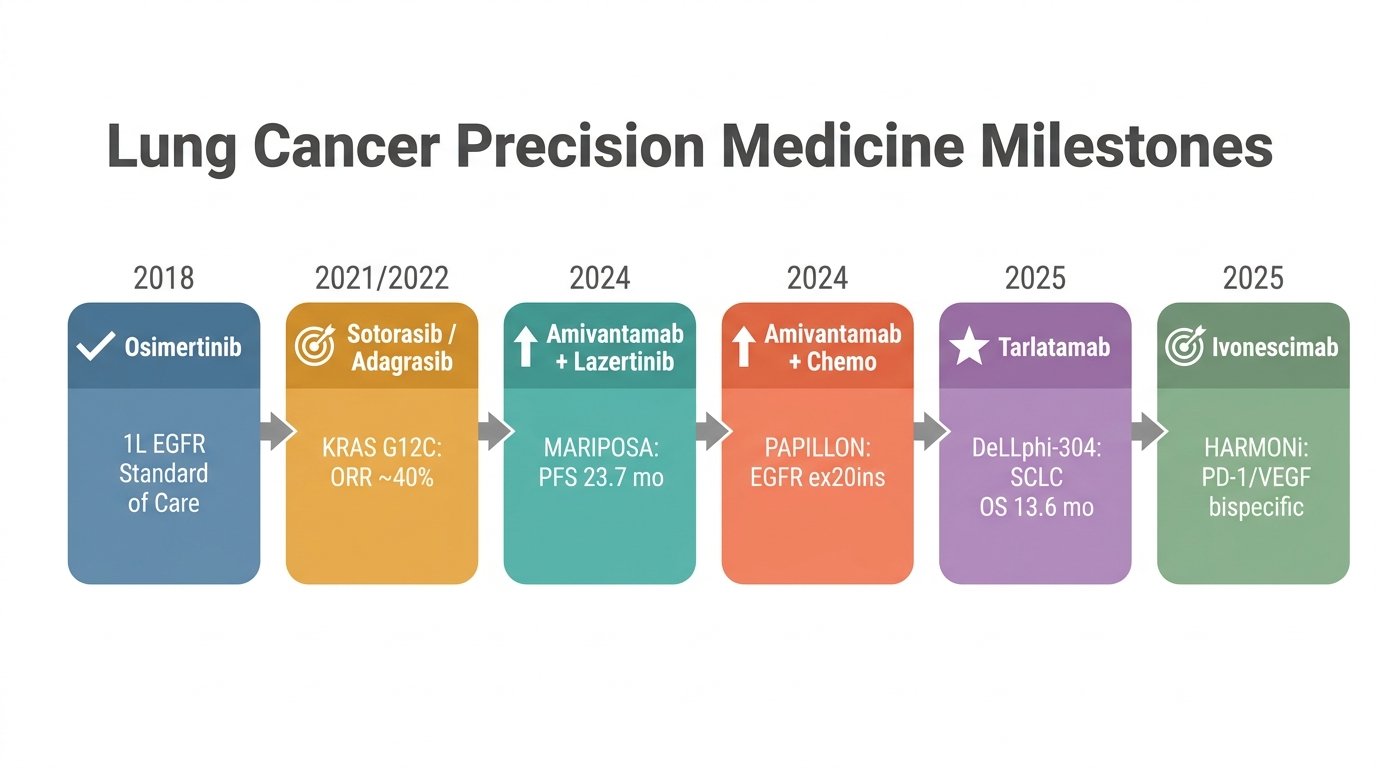 Lung Cancer Precision Medicine Milestones timeline from Osimertinib (2018) through Sotorasib/Adagrasib (2021-2022), Amivantamab combinations (2024), Tarlatamab (2025), to Ivonescimab (2025)
