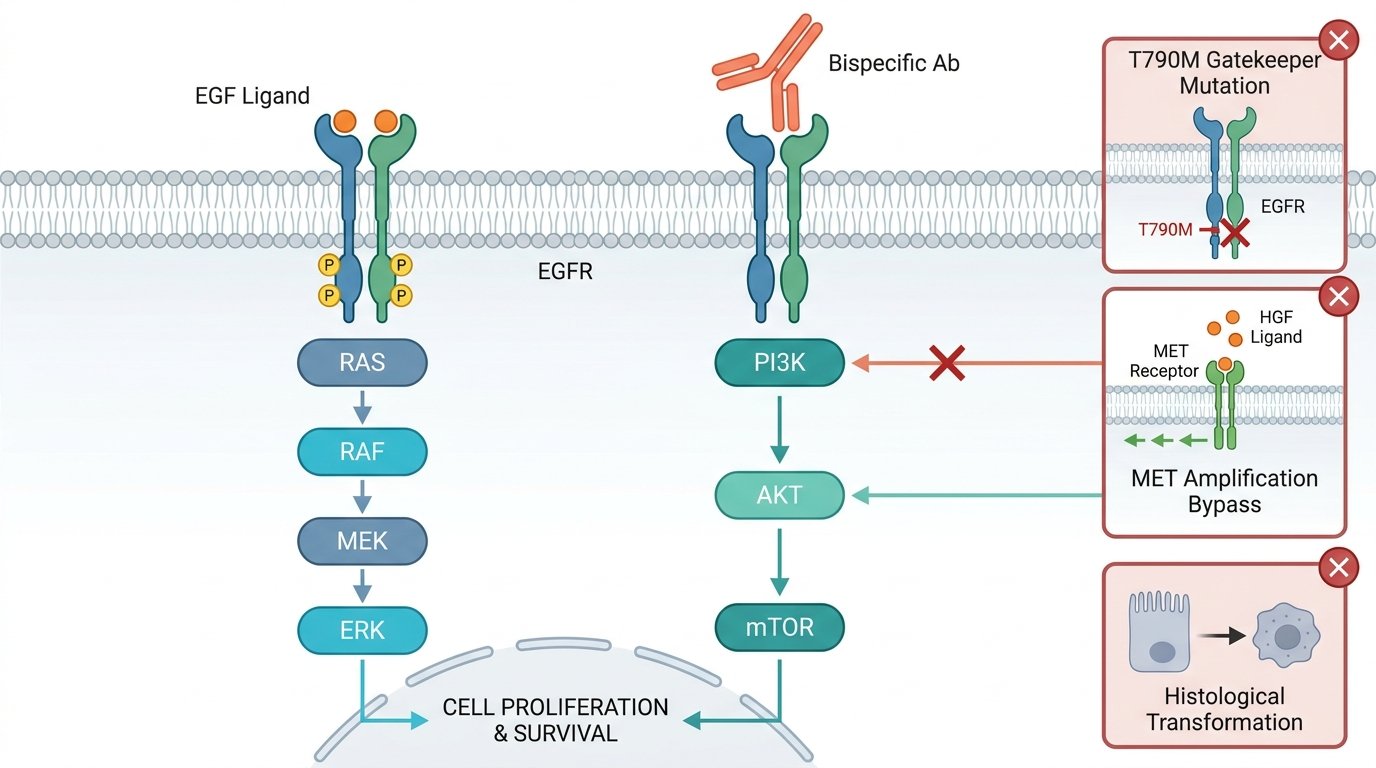 EGFR signaling pathways (RAS-RAF-MEK-ERK and PI3K-AKT-mTOR) with bispecific antibody blockade and three acquired resistance mechanisms: T790M gatekeeper mutation, MET amplification bypass, and histological transformation