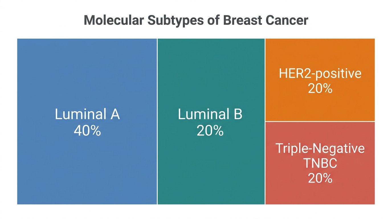 Breast cancer molecular subtypes: Luminal A (40%), Luminal B (20%), HER2-positive (20%), Triple-Negative TNBC (20%)