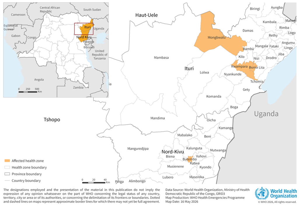 Health zones in the Democratic Republic of the Congo affected by Bundibugyo virus disease as of May 16, 2026