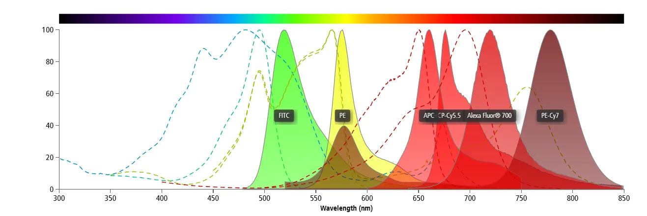Spectral overlap between different fluorochromes