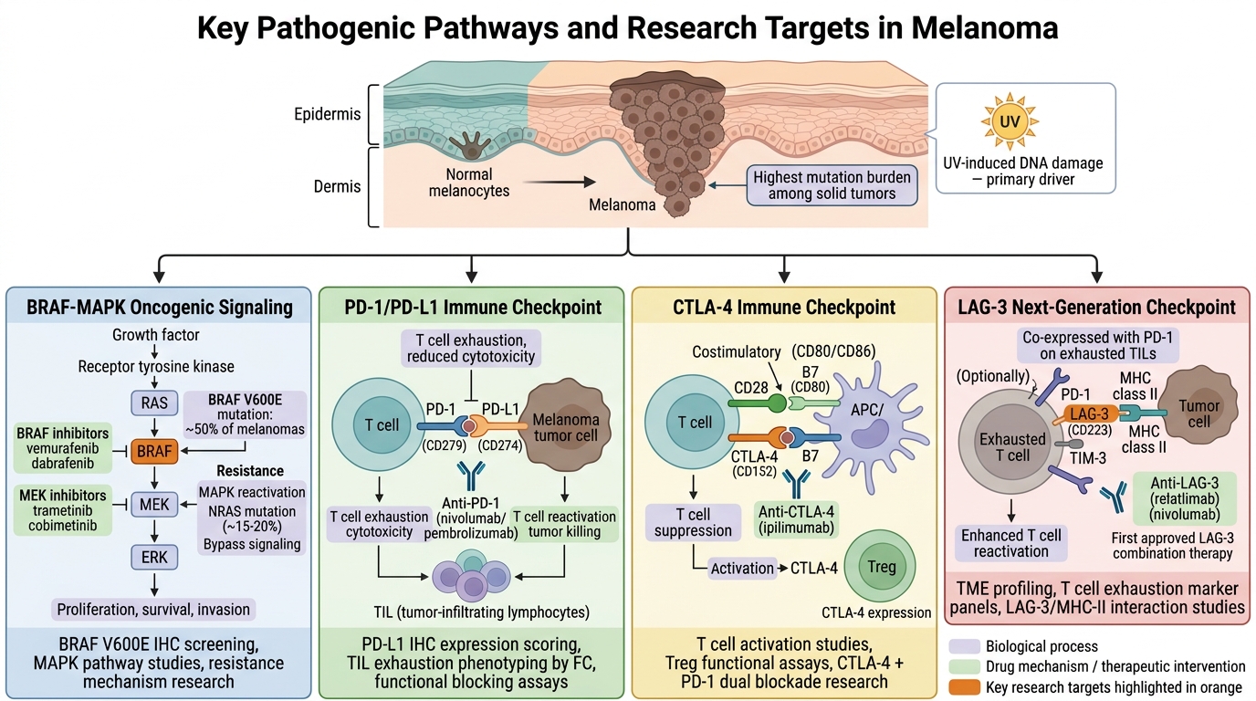 Melanoma Research Reagents — key pathogenic pathways and research targets including BRAF-MAPK signaling, PD-1/PD-L1 and CTLA-4 immune checkpoints, and LAG-3