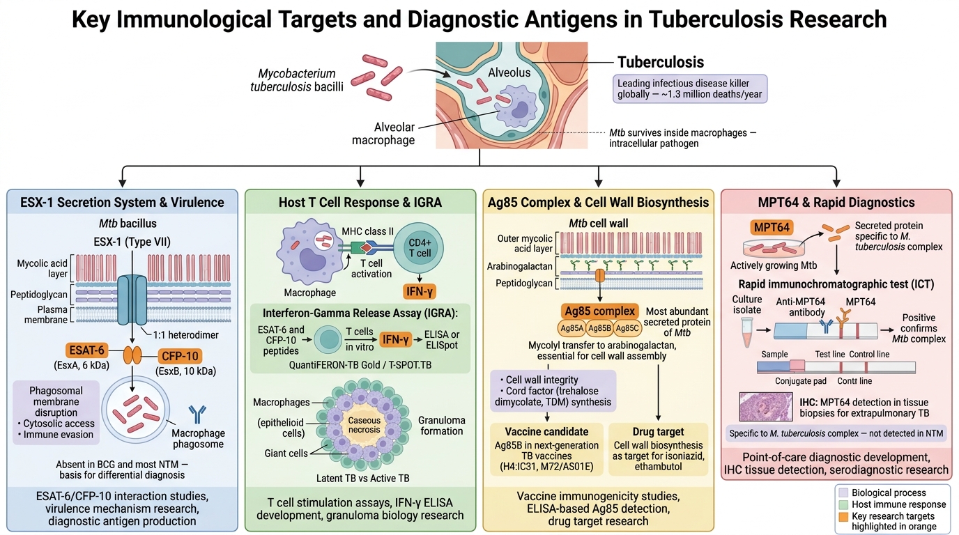 Tuberculosis research targets — ESAT-6, CFP-10, Ag85 complex, MPT64, host immune response to Mycobacterium tuberculosis