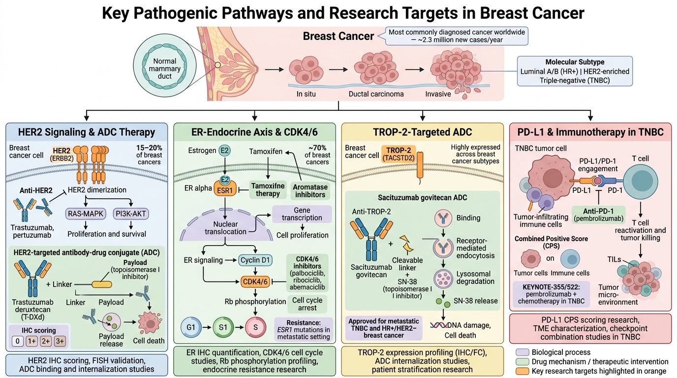 Breast Cancer Research Reagents — key pathogenic pathways and research targets including HER2 signaling, ER-CDK4/6 axis, TROP-2 ADC therapy, and PD-L1 immune checkpoint in TNBC