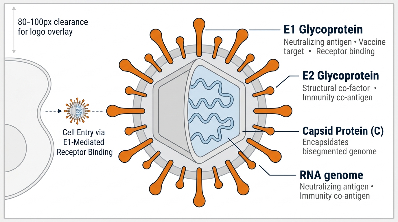 Rubella virus virion structure and key research targets — E1 and E2 envelope glycoproteins and capsid protein, with transmission pathway