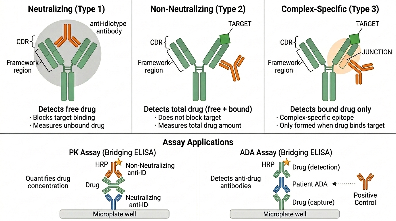Three types of anti-idiotype antibodies (Neutralizing, Non-Neutralizing, Complex-Specific) and their roles in PK bridging ELISA and ADA immunogenicity assays