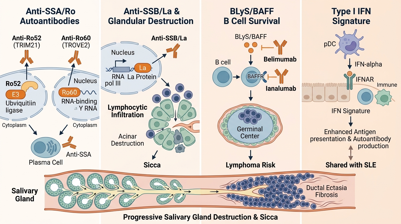 Sjögren's Syndrome Research Reagents — key pathogenic pathways including anti-SSA/Ro and anti-SSB/La autoantibodies, salivary gland lymphocytic infiltration, BLyS/BAFF-driven B cell survival, and type I IFN signature