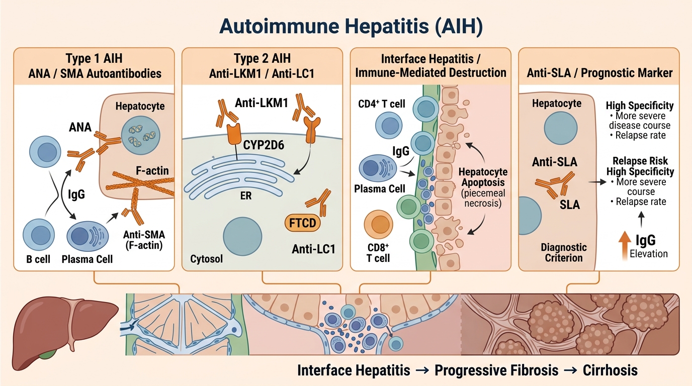 Autoimmune Hepatitis Research Reagents — key pathogenic pathways including ANA/SMA autoantibodies in Type 1 AIH, anti-LKM1 (CYP2D6) in Type 2 AIH, interface hepatitis, and IgG elevation