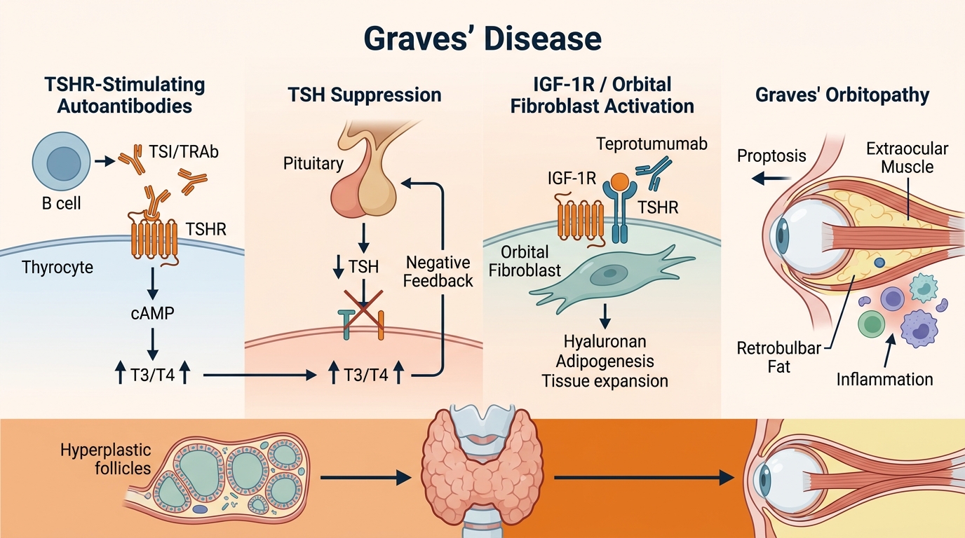 Graves' Disease Research Reagents — key pathogenic pathways including TSHR-stimulating autoantibodies, IGF-1R crosstalk in orbital fibroblasts, and TSH suppression