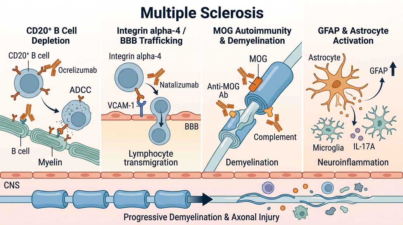 Multiple Sclerosis Research Reagents — key pathogenic pathways including CD20+ B cell-mediated demyelination, MOG autoimmunity, integrin alpha-4 lymphocyte trafficking, and GFAP astrocyte activation