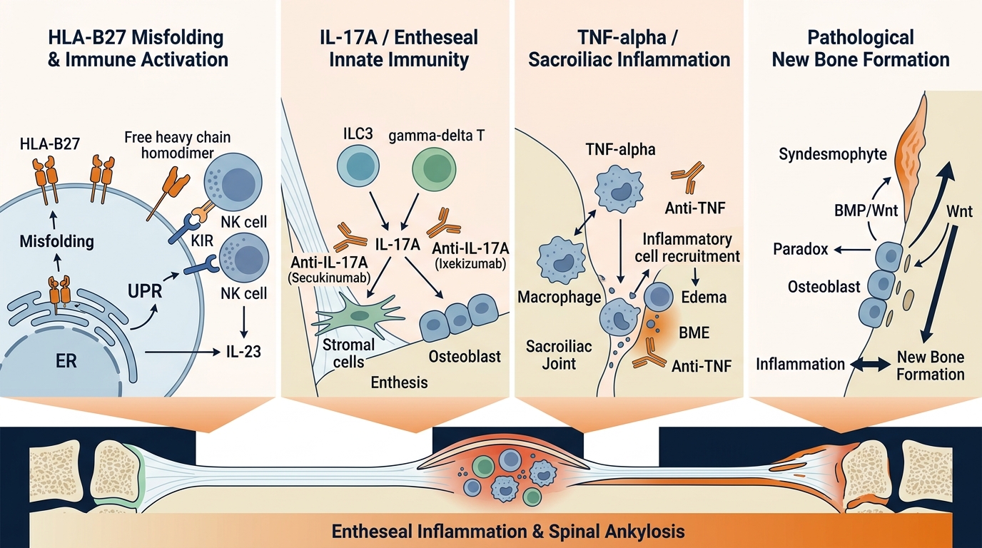 Ankylosing Spondylitis Research Reagents — key pathogenic pathways including HLA-B27, IL-17A entheseal inflammation, TNF-alpha, and pathological new bone formation