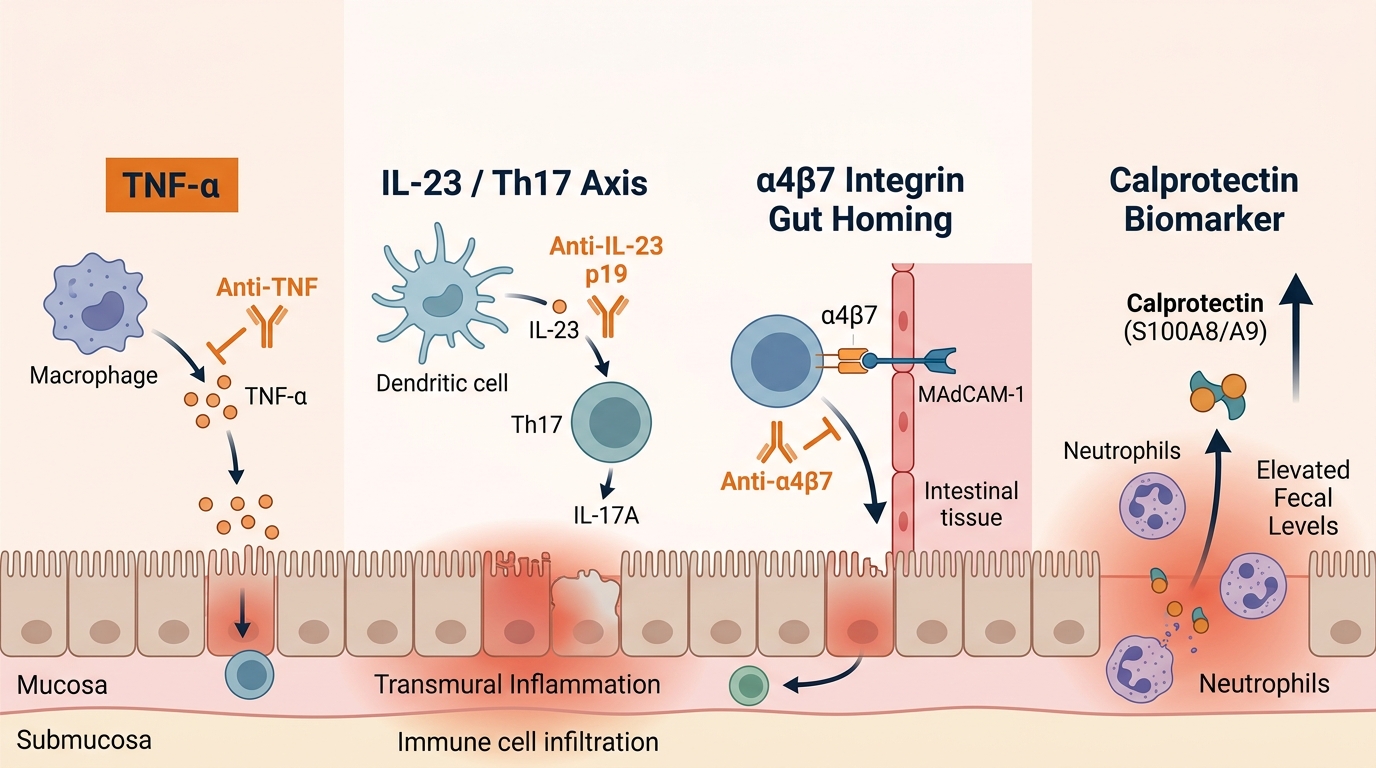 Crohn's Disease Research Reagents — key pathogenic pathways and research targets including TNF-alpha, IL-23/Th17 axis, alpha4beta7 integrin gut homing, and calprotectin biomarker