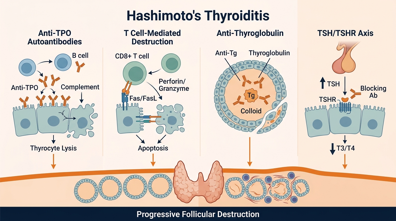 Hashimoto's Thyroiditis Research Reagents — key pathogenic pathways and research targets including anti-TPO autoantibodies, T cell-mediated follicular destruction, TSHR, and thyroglobulin