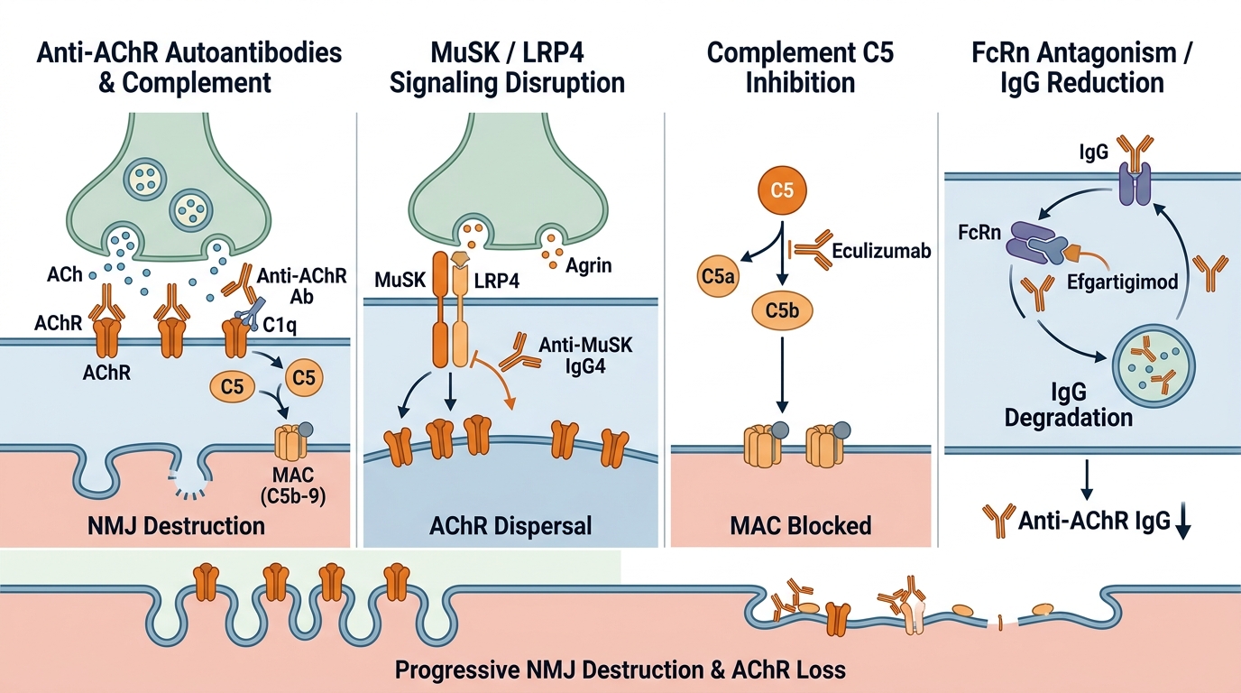 Myasthenia Gravis Research Reagents — key pathogenic pathways including anti-AChR autoantibodies, complement C5/MAC-mediated NMJ destruction, MuSK/LRP4 autoimmunity, and FcRn-targeted IgG reduction