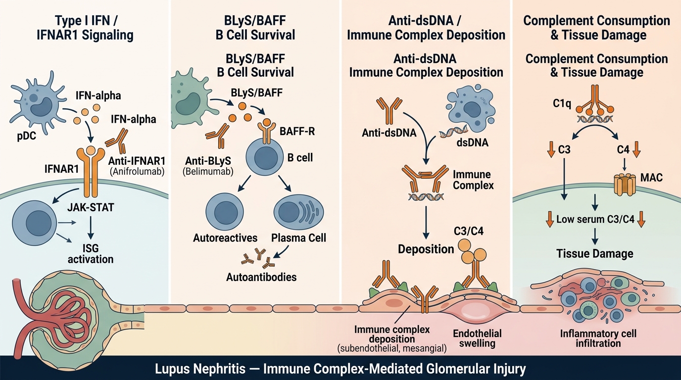 SLE Research Reagents — key pathogenic pathways including type I IFN signaling, BLyS/BAFF-driven B cell survival, anti-dsDNA immune complex deposition, and complement C3/C4 consumption