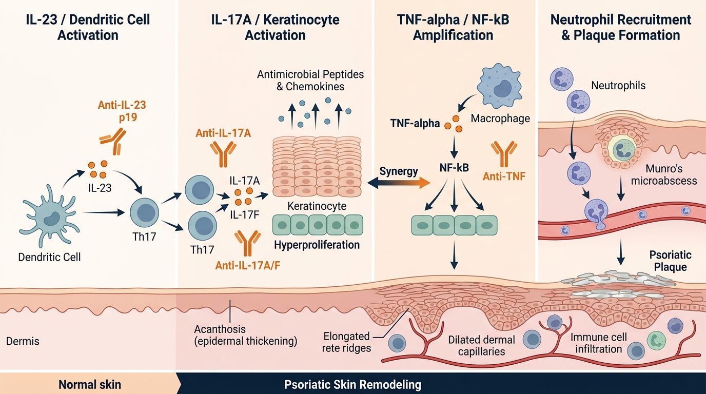 Psoriasis Research Reagents — key pathogenic pathways including IL-23/Th17 axis, IL-17A-driven keratinocyte activation, TNF-alpha amplification, and biologic targets