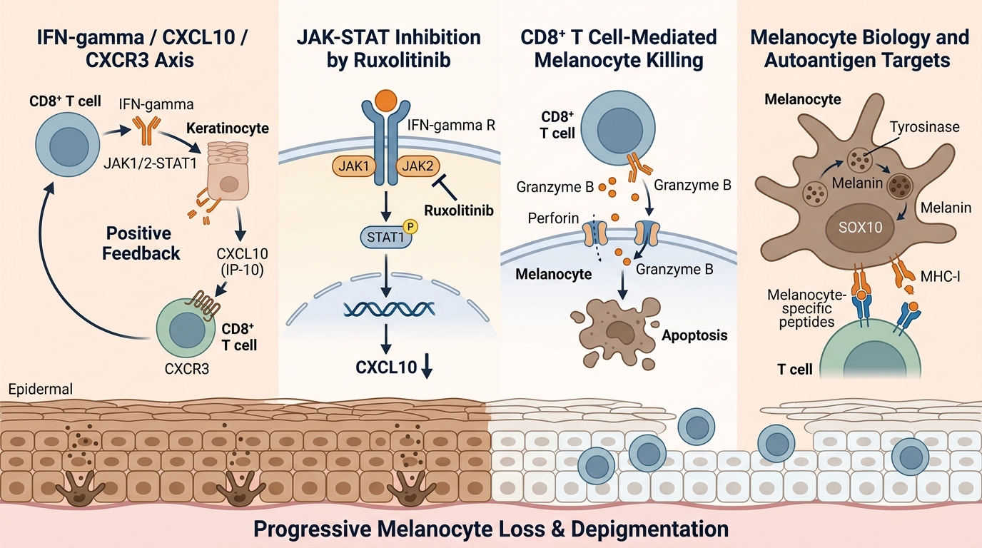 Vitiligo Research Reagents — key pathogenic pathways including IFN-gamma/CXCL10/CXCR3 axis, CD8+ T cell-mediated melanocyte destruction, JAK-STAT signaling, and granzyme B/perforin cytotoxicity