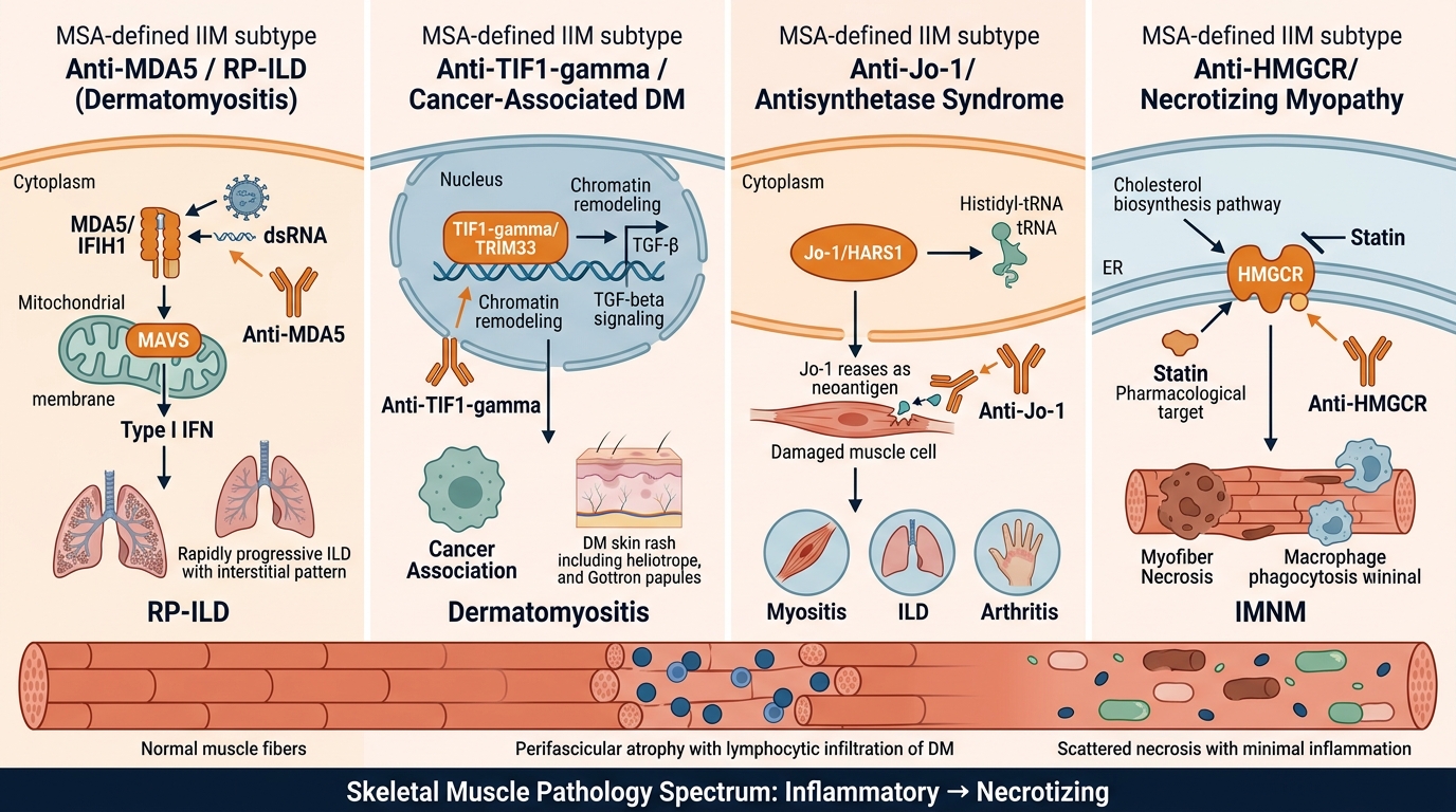 IIM Research Reagents — key pathogenic pathways including MDA5/IFIH1 innate immune activation, TIF1-gamma/TRIM33 cancer-associated dermatomyositis, Jo-1/HARS1 antisynthetase syndrome, and HMGCR necrotizing myopathy