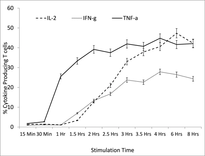 Percentage of T cells expressing IL-2, IFN-γ, and TNF-α at various time points after PMA and Ionomycin stimulation