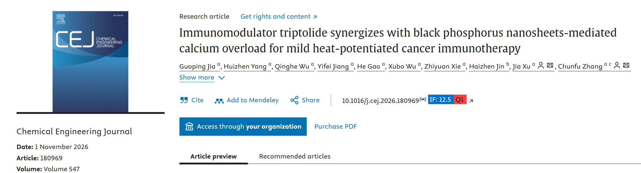 Immunomodulator triptolide synergizes with black phosphorus nanosheets-mediated calcium overload for mild heat-potentiated cancer immunotherapy